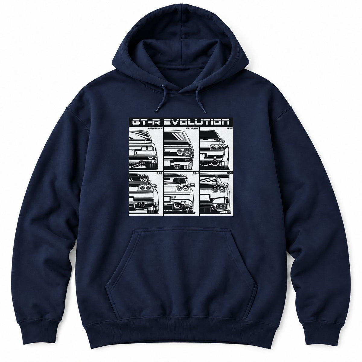 Navy hoodie with a six-panel grid of black and white rear-view line drawings of JDM sports car generations