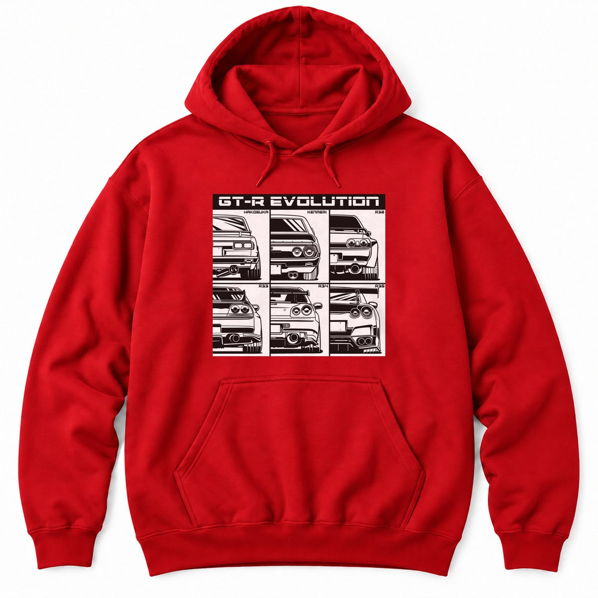Red hoodie with a six-panel grid of black and white rear-view line drawings of JDM sports car generations