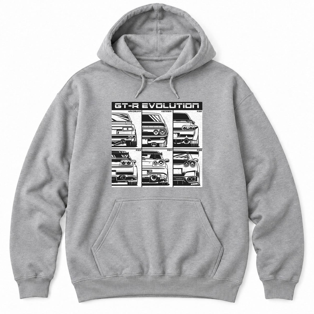 Athletic Heather hoodie with a six-panel grid of black and white rear-view line drawings of JDM sports car generations