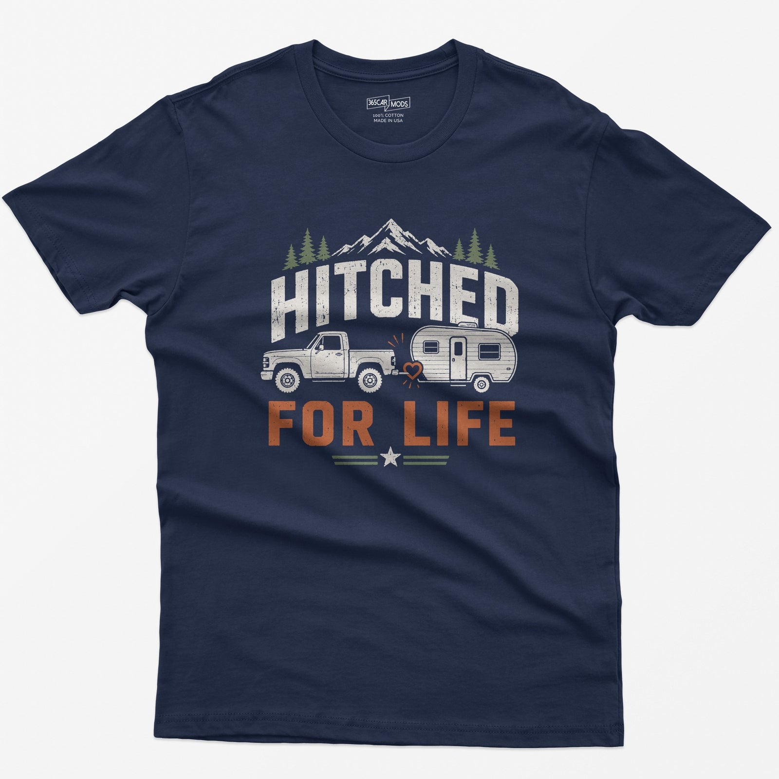 Navy t-shirt with Hitched For Life, a pickup towing a travel trailer joined by a heart-shaped hitch, mountains and pines