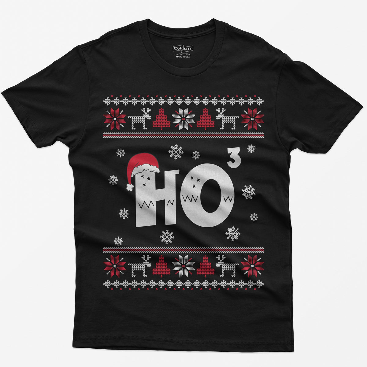 Black t-shirt with Ho cubed, a large HO with exponent 3 in knit lettering wearing a Santa hat, surrounded by snowflakes
