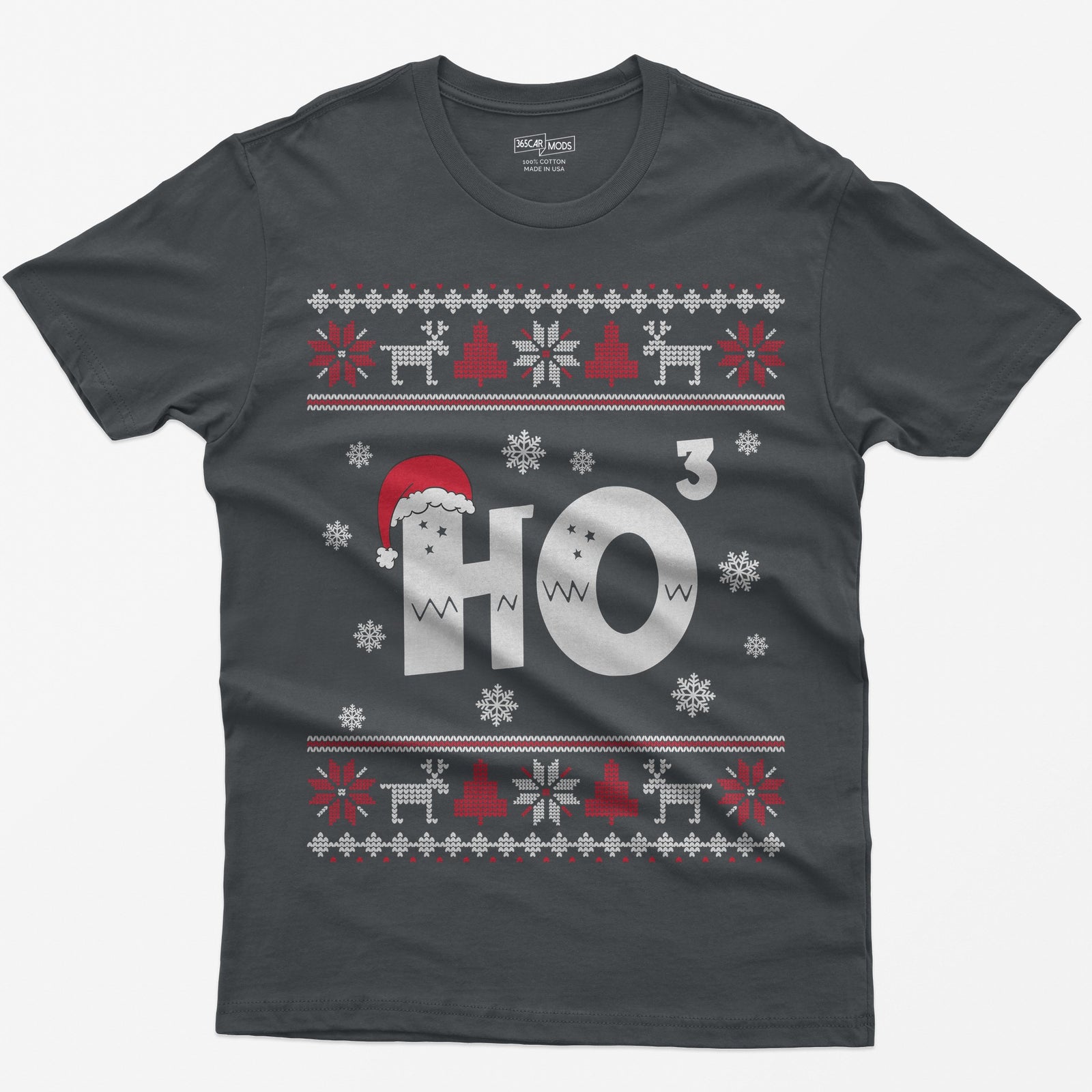 Charcoal t-shirt with Ho cubed, a large HO with exponent 3 in knit lettering wearing a Santa hat, surrounded by snowflakes