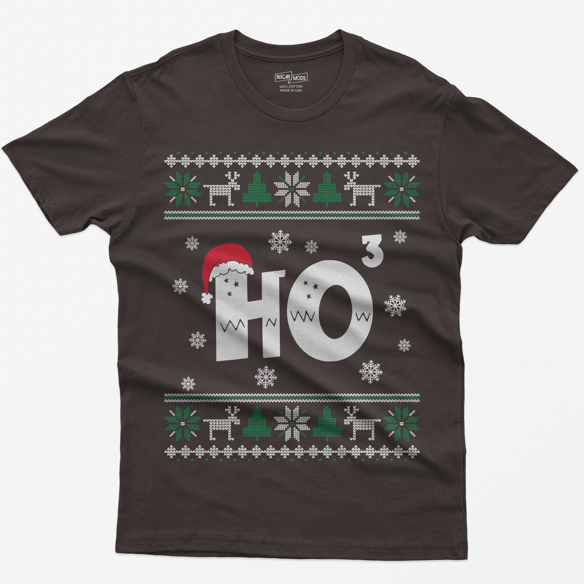 Dark Chocolate t-shirt with Ho cubed, a large HO with exponent 3 in knit lettering wearing a Santa hat, surrounded by snowflakes