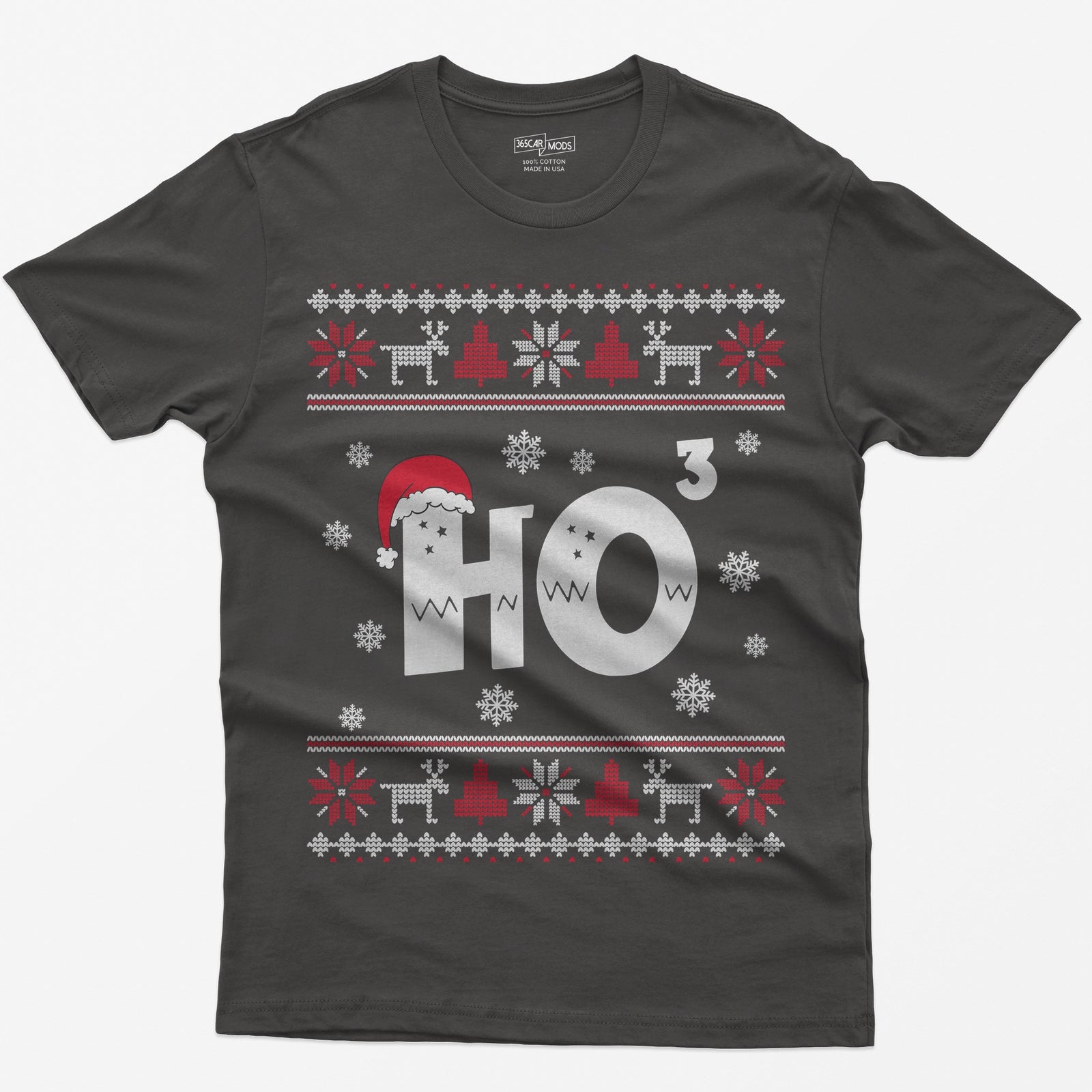 Dark Heather t-shirt with Ho cubed, a large HO with exponent 3 in knit lettering wearing a Santa hat, surrounded by snowflakes