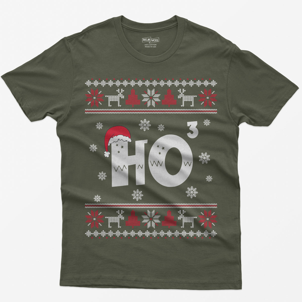 Military Green t-shirt with Ho cubed, a large HO with exponent 3 in knit lettering wearing a Santa hat, surrounded by snowflakes