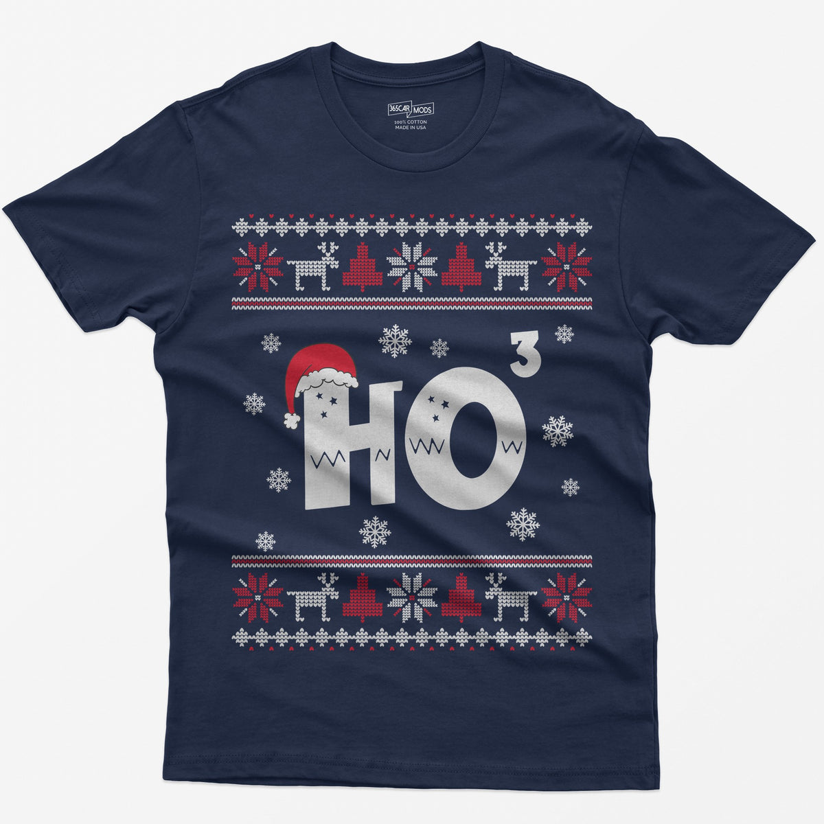 Navy t-shirt with Ho cubed, a large HO with exponent 3 in knit lettering wearing a Santa hat, surrounded by snowflakes