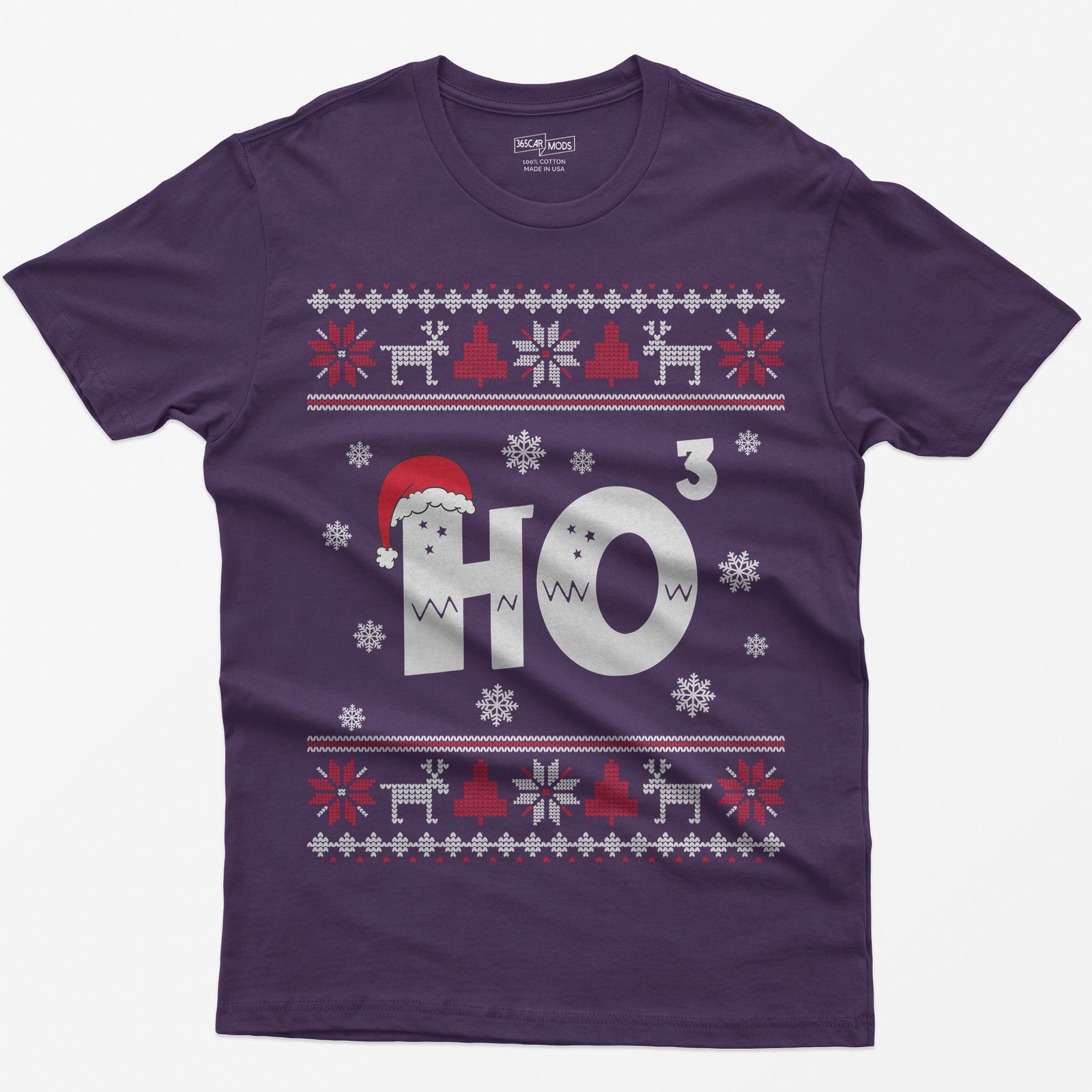 Purple t-shirt with Ho cubed, a large HO with exponent 3 in knit lettering wearing a Santa hat, surrounded by snowflakes