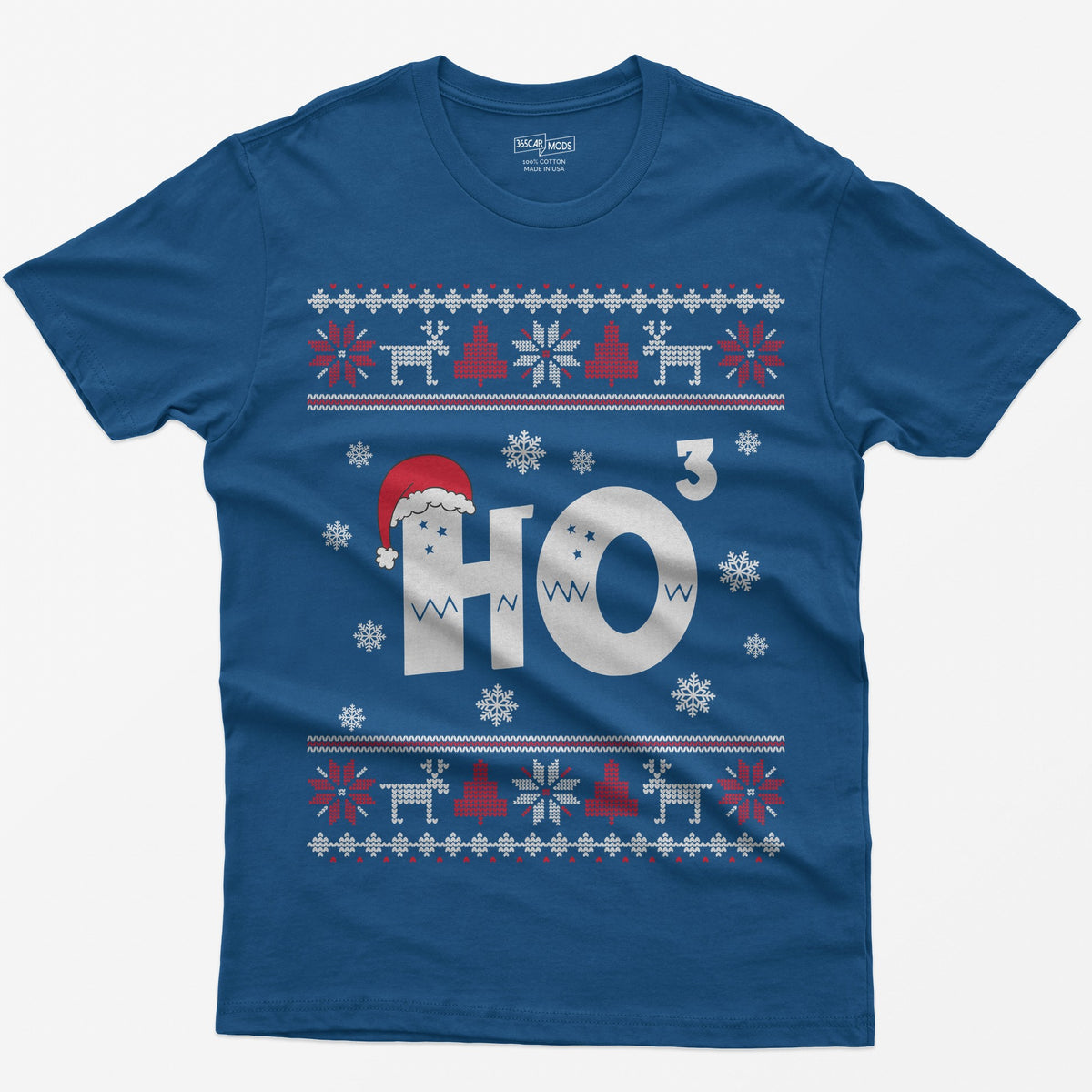 Royal t-shirt with Ho cubed, a large HO with exponent 3 in knit lettering wearing a Santa hat, surrounded by snowflakes