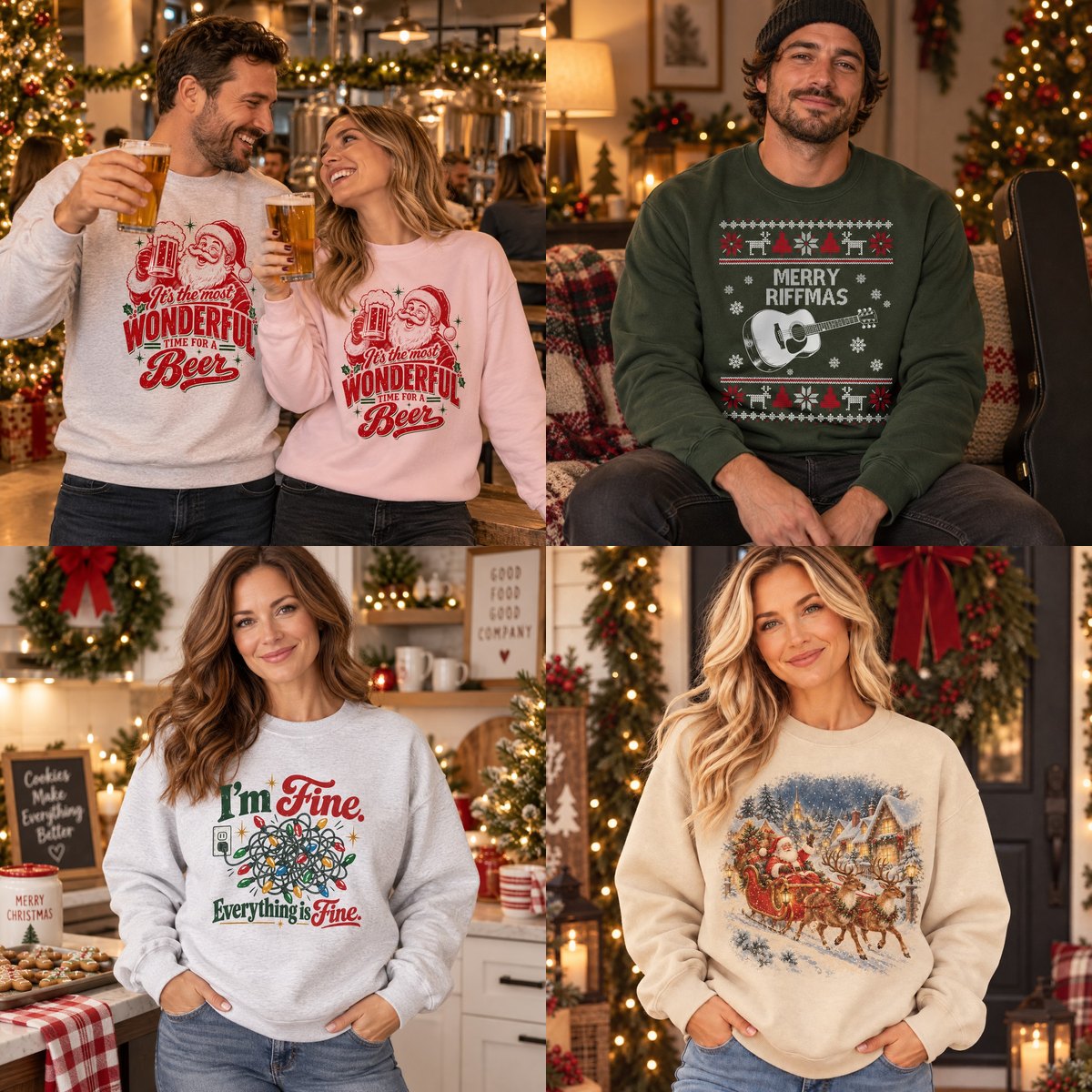 Funny ugly Christmas sweatshirts worn at home by the tree