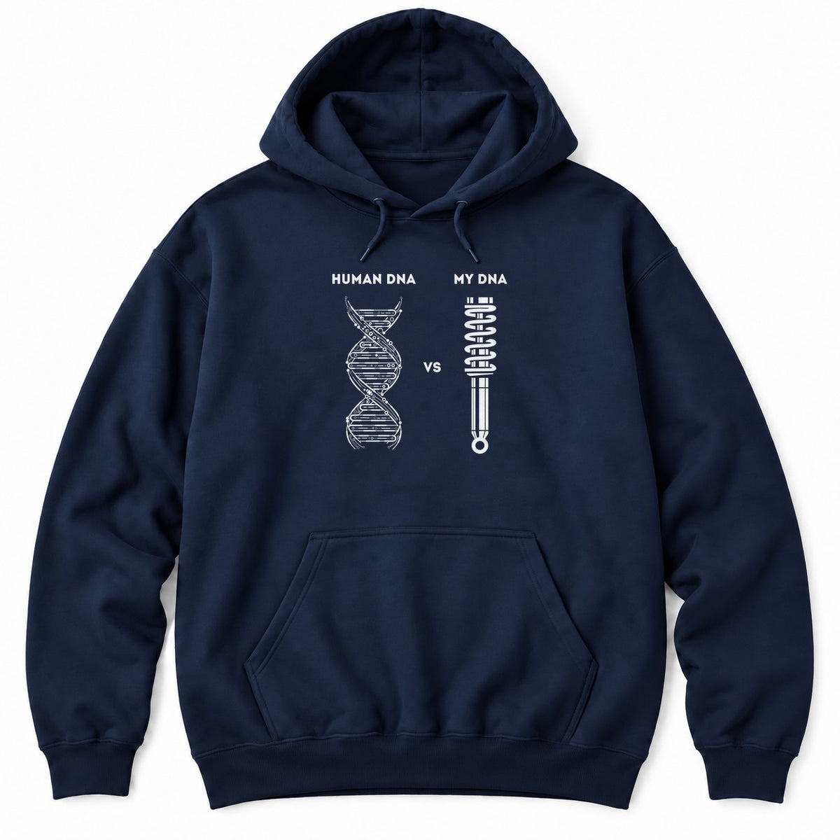 Navy hoodie with HUMAN DNA vs MY DNA, a white double helix next to a coilover shock absorber