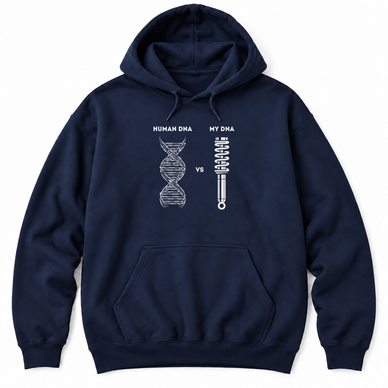 Black hoodie with HUMAN DNA vs MY DNA, a white double helix next to a coilover shock absorber