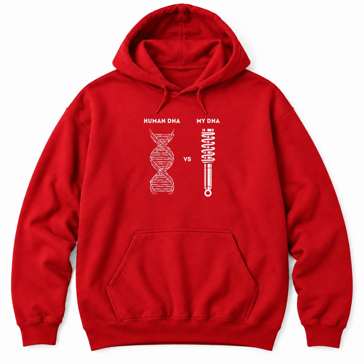 Red hoodie with HUMAN DNA vs MY DNA, a white double helix next to a coilover shock absorber