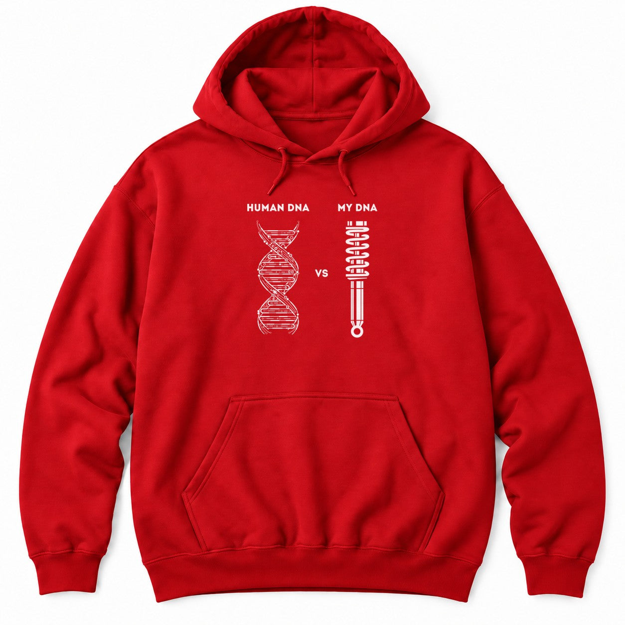 Red hoodie with HUMAN DNA vs MY DNA, a white double helix next to a coilover shock absorber