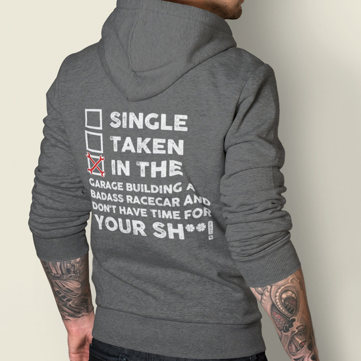 In the Garage Building a Racecar hoodie - back print, lifestyle photo