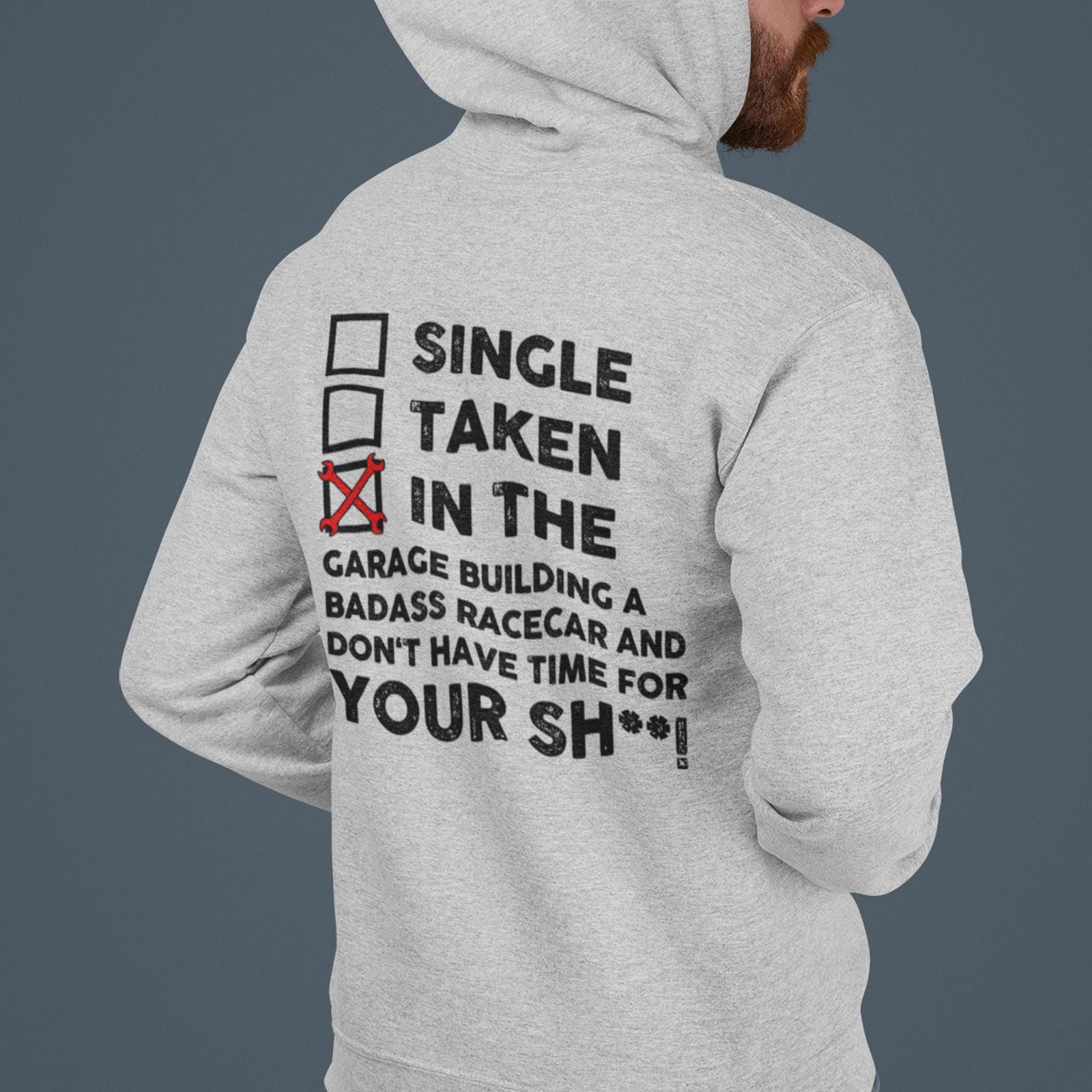 In the Garage Building a Racecar hoodie - back print, lifestyle photo