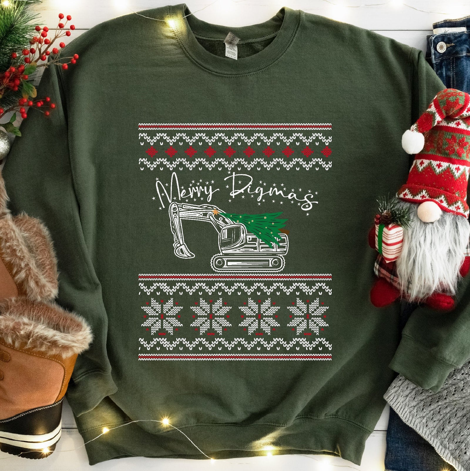 Merry Digmas Excavator Christmas Sweatshirt - Military Green