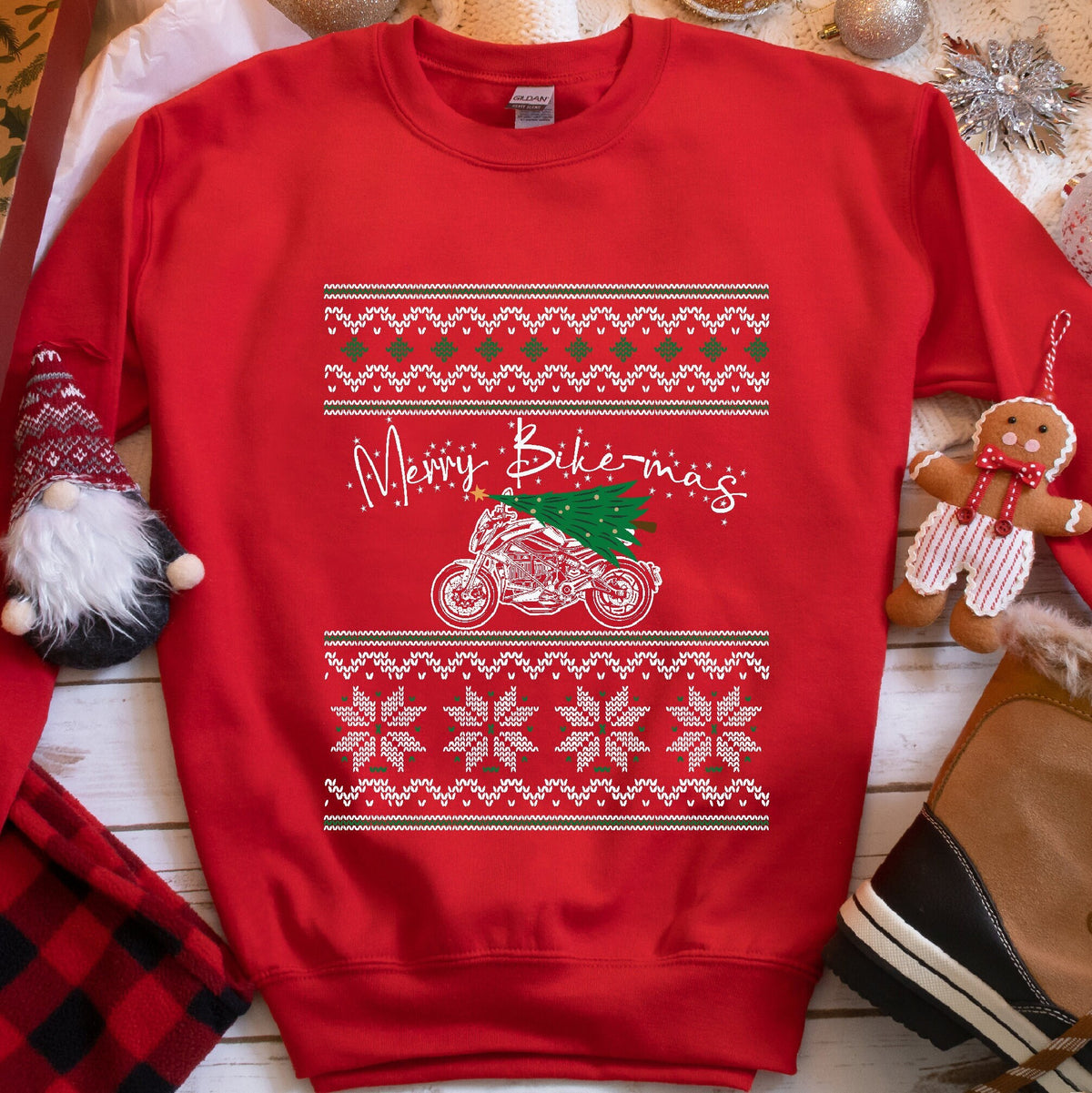 Merry Bike-mas Motorcycle Christmas Sweatshirt - Red
