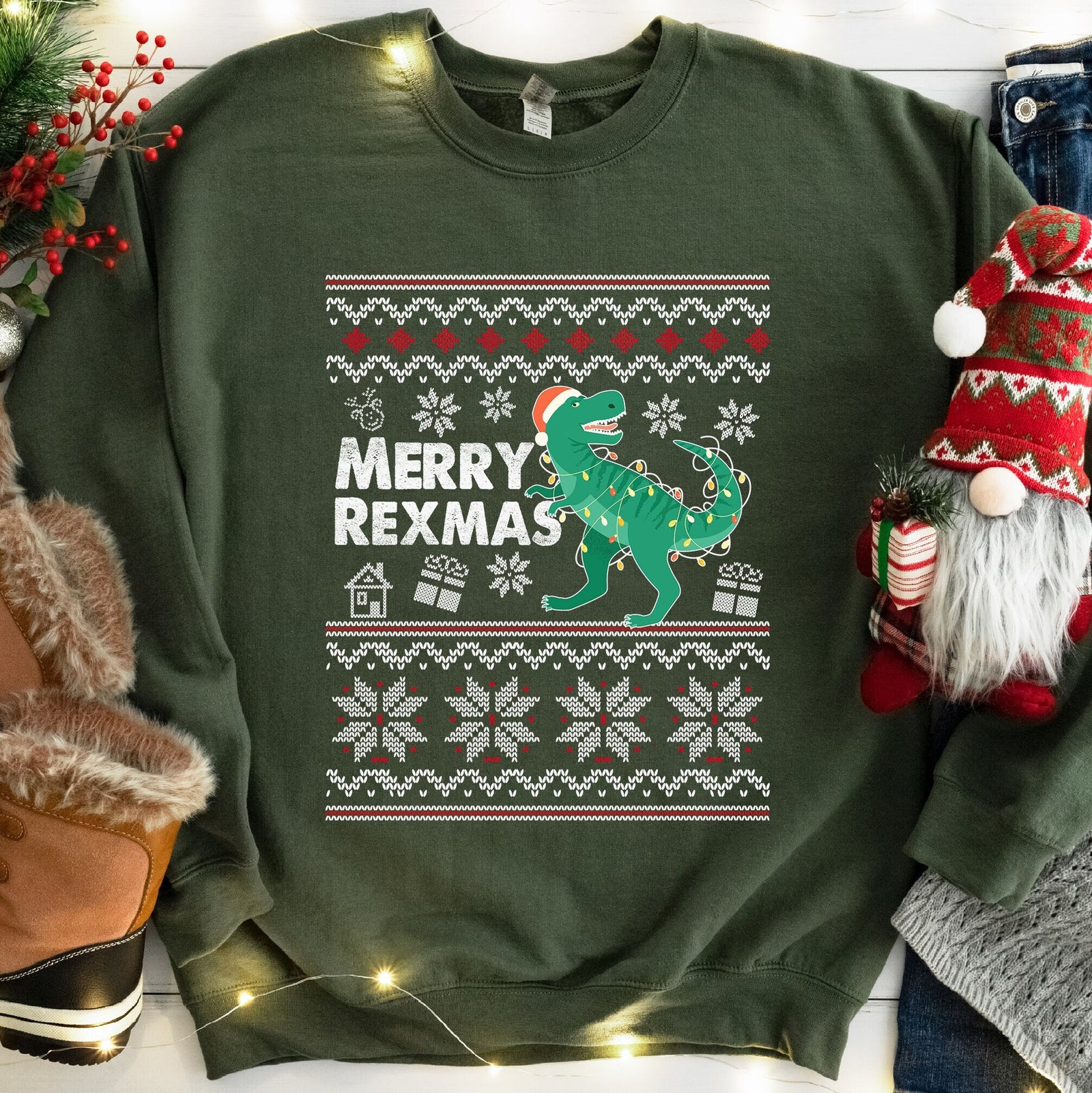 Merry Rexmas T-Rex Dinosaur Christmas Sweatshirt - Military Green