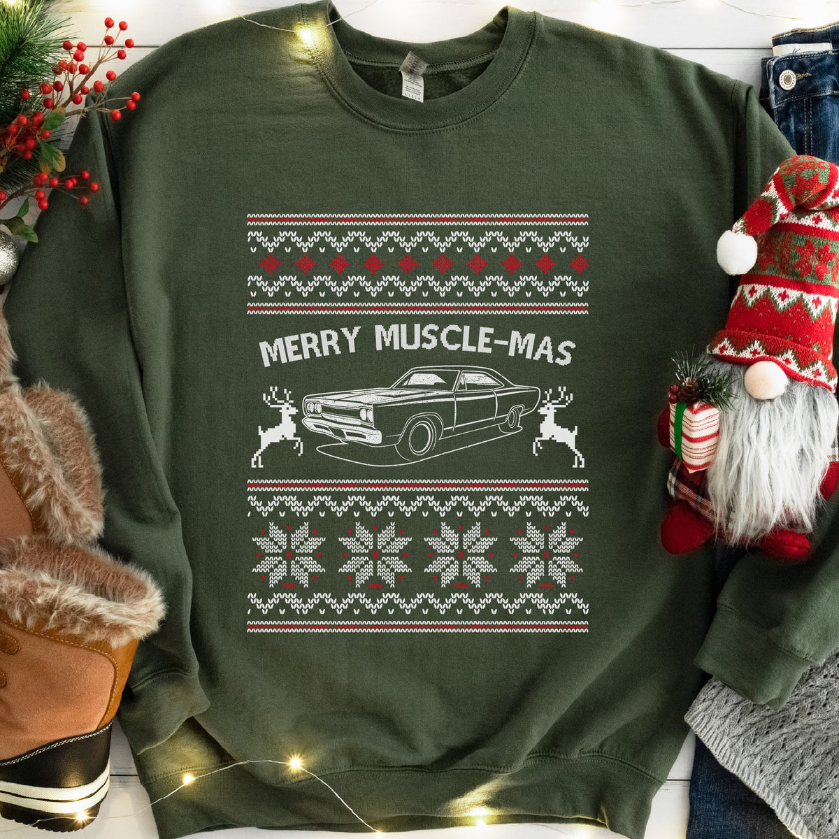 Merry Muscle-mas Classic Muscle Car Christmas Sweatshirt - Military Green