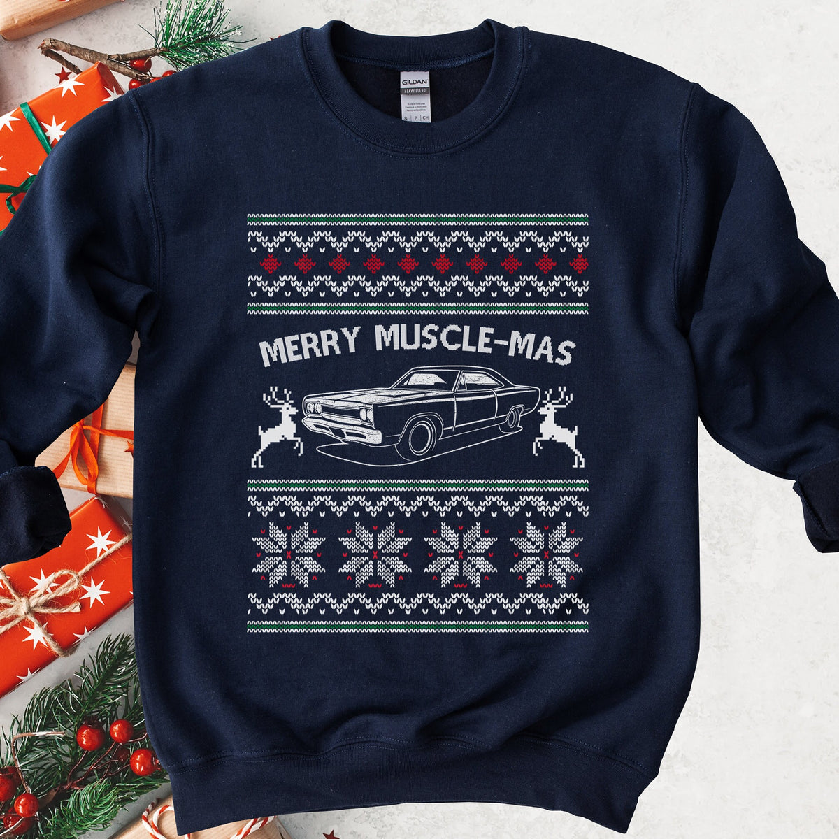 Merry Muscle-mas Classic Muscle Car Christmas Sweatshirt - Navy