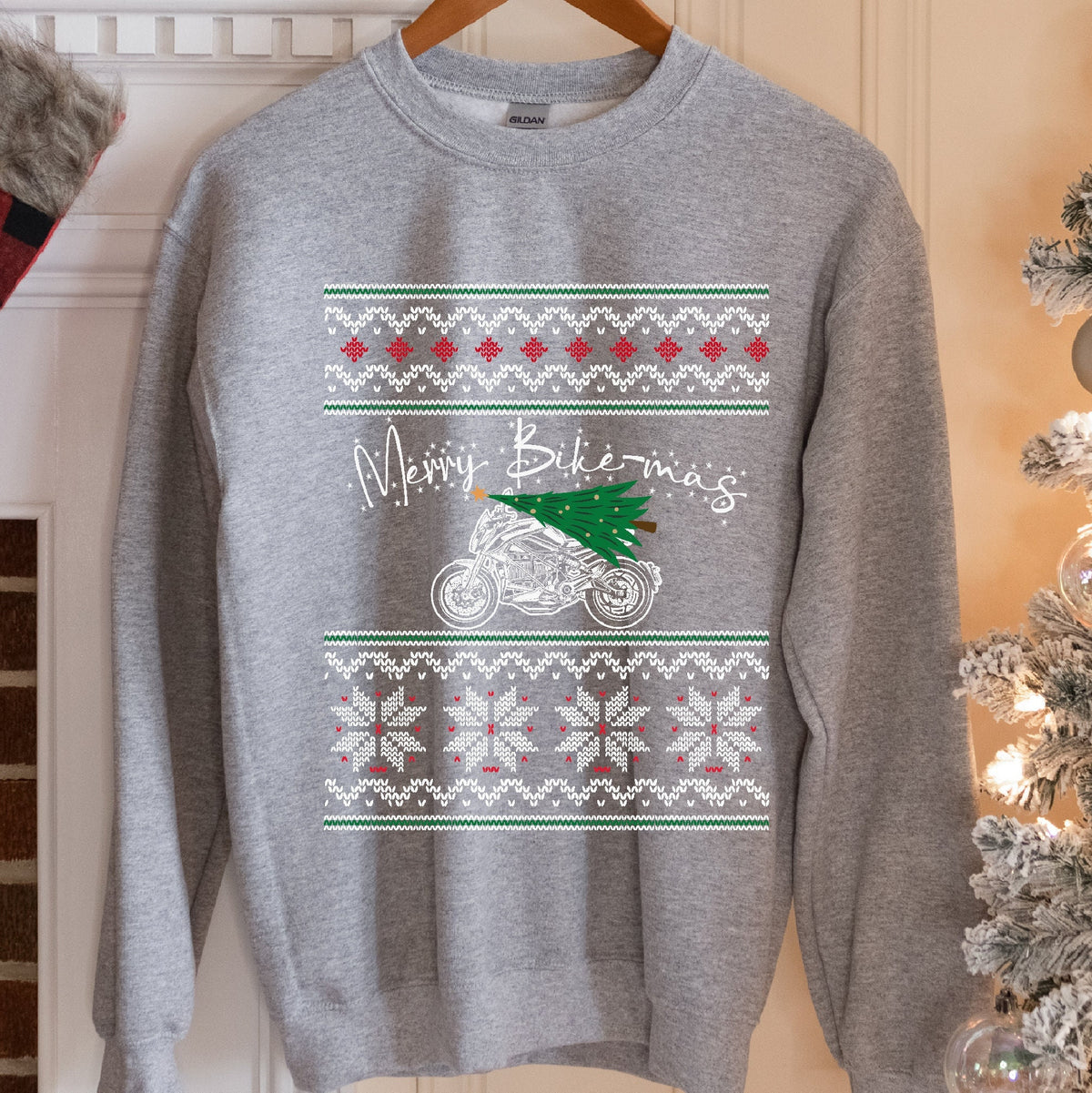 Merry Bike-mas Motorcycle Christmas Sweatshirt - Sport Grey