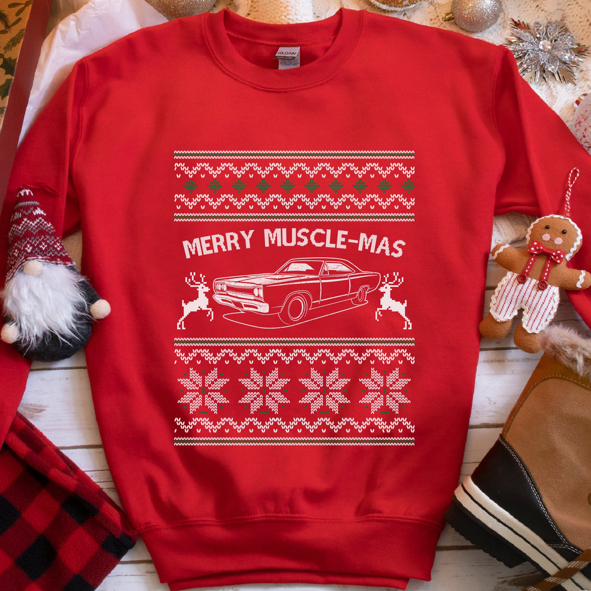 Merry Muscle-mas Classic Muscle Car Christmas Sweatshirt - Red