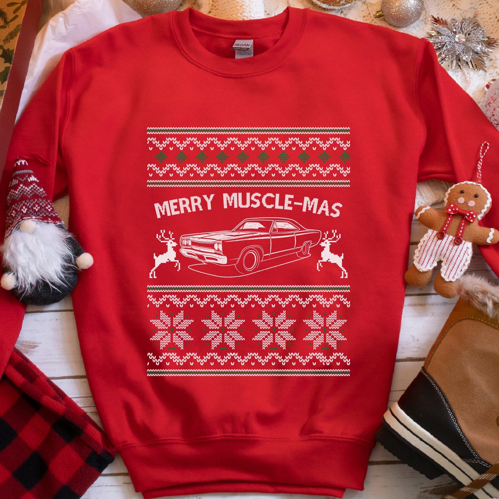 Merry Muscle-mas Classic Muscle Car Christmas Sweatshirt - Red