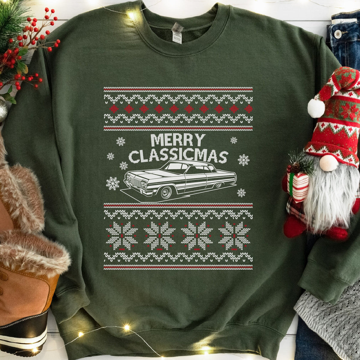Merry Classicmas Lowrider Christmas Sweatshirt - Military Green