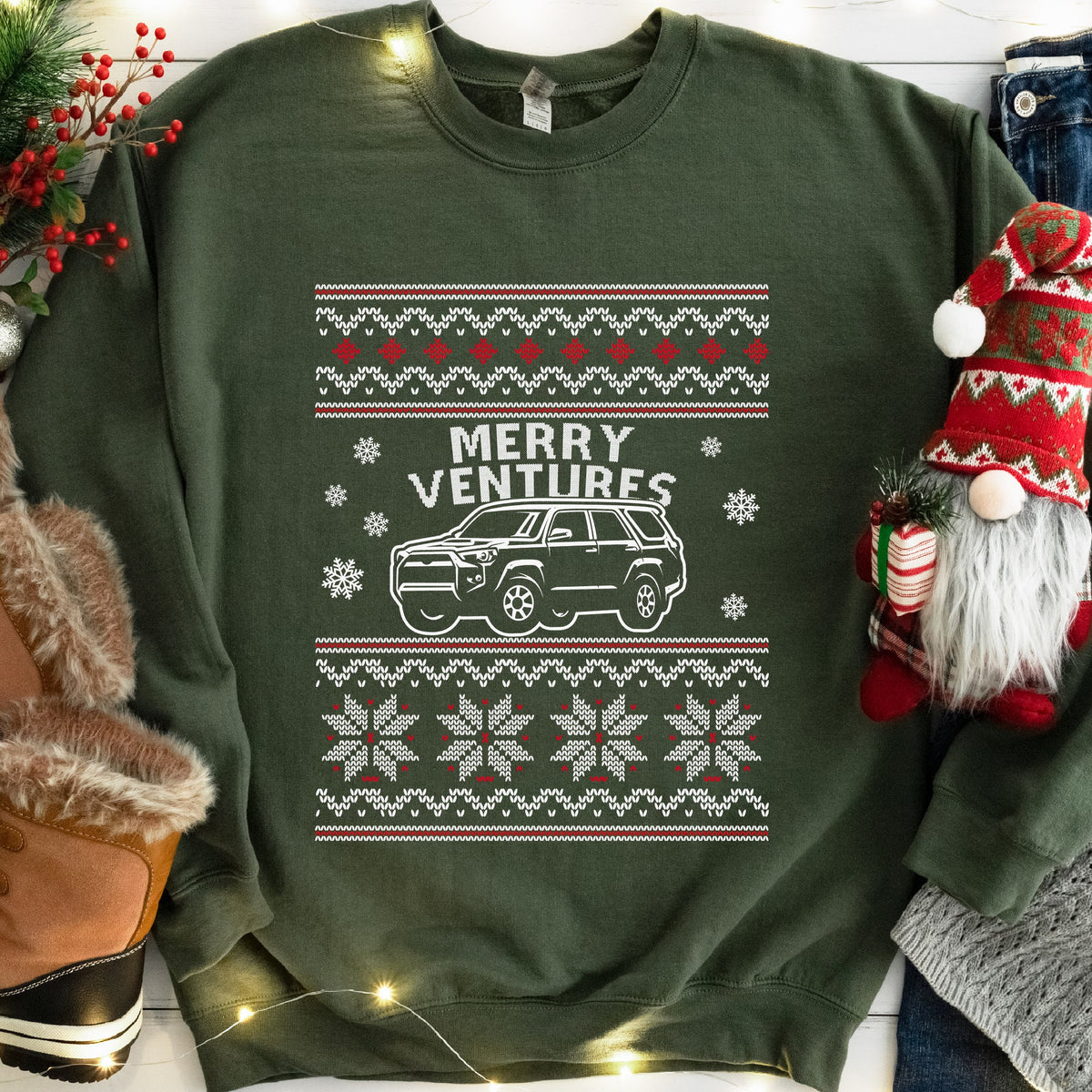Merry Ventures Off-Road SUV Christmas Sweatshirt - Military Green