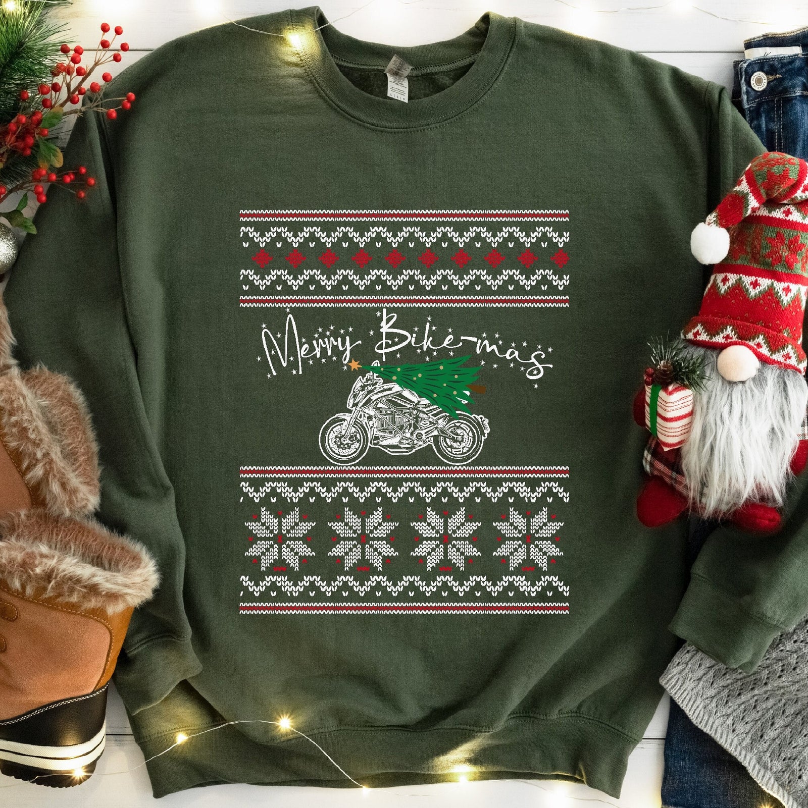 Merry Bike-mas Motorcycle Christmas Sweatshirt - Military Green