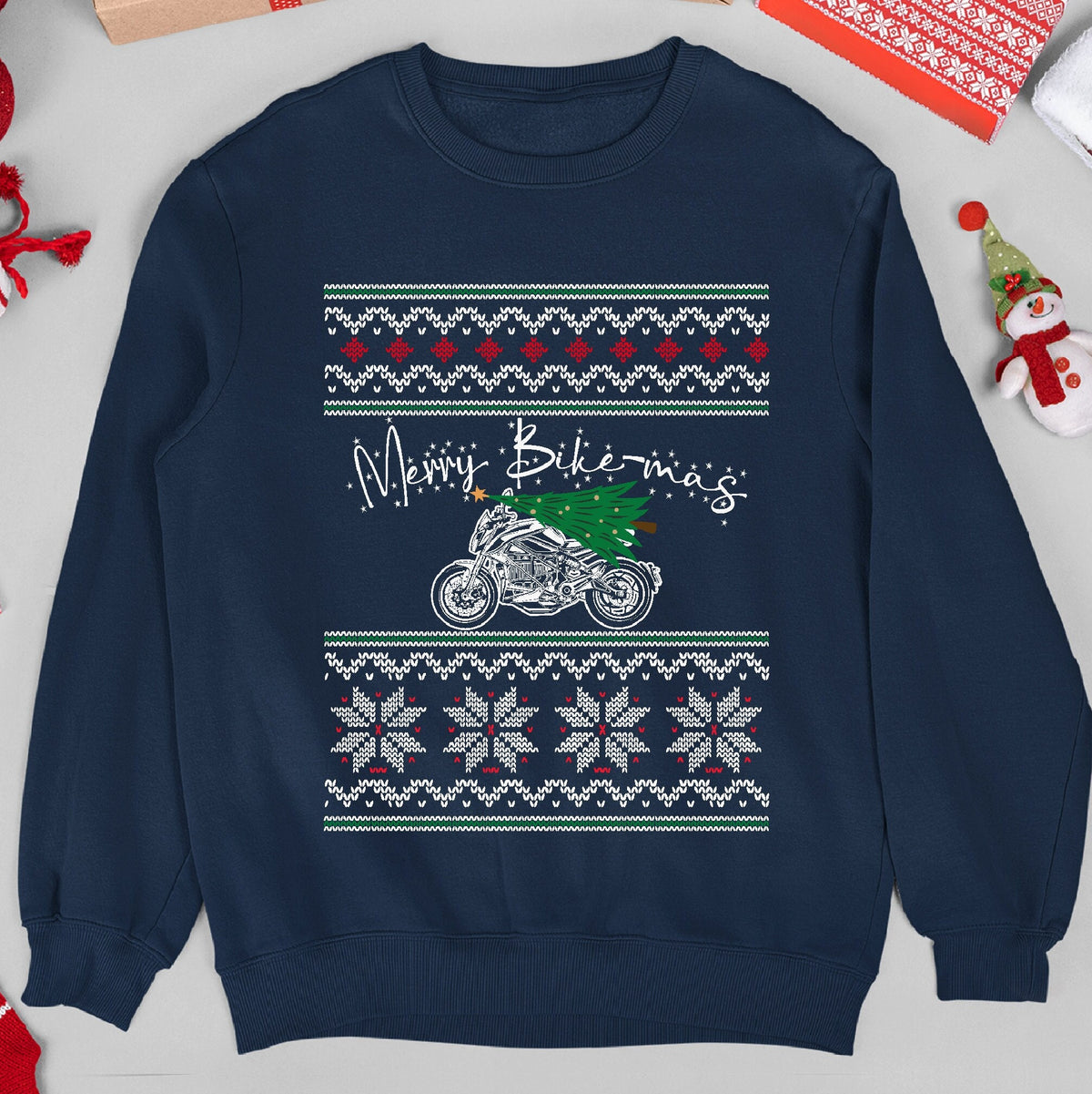 Merry Bike-mas Motorcycle Christmas Sweatshirt - Navy