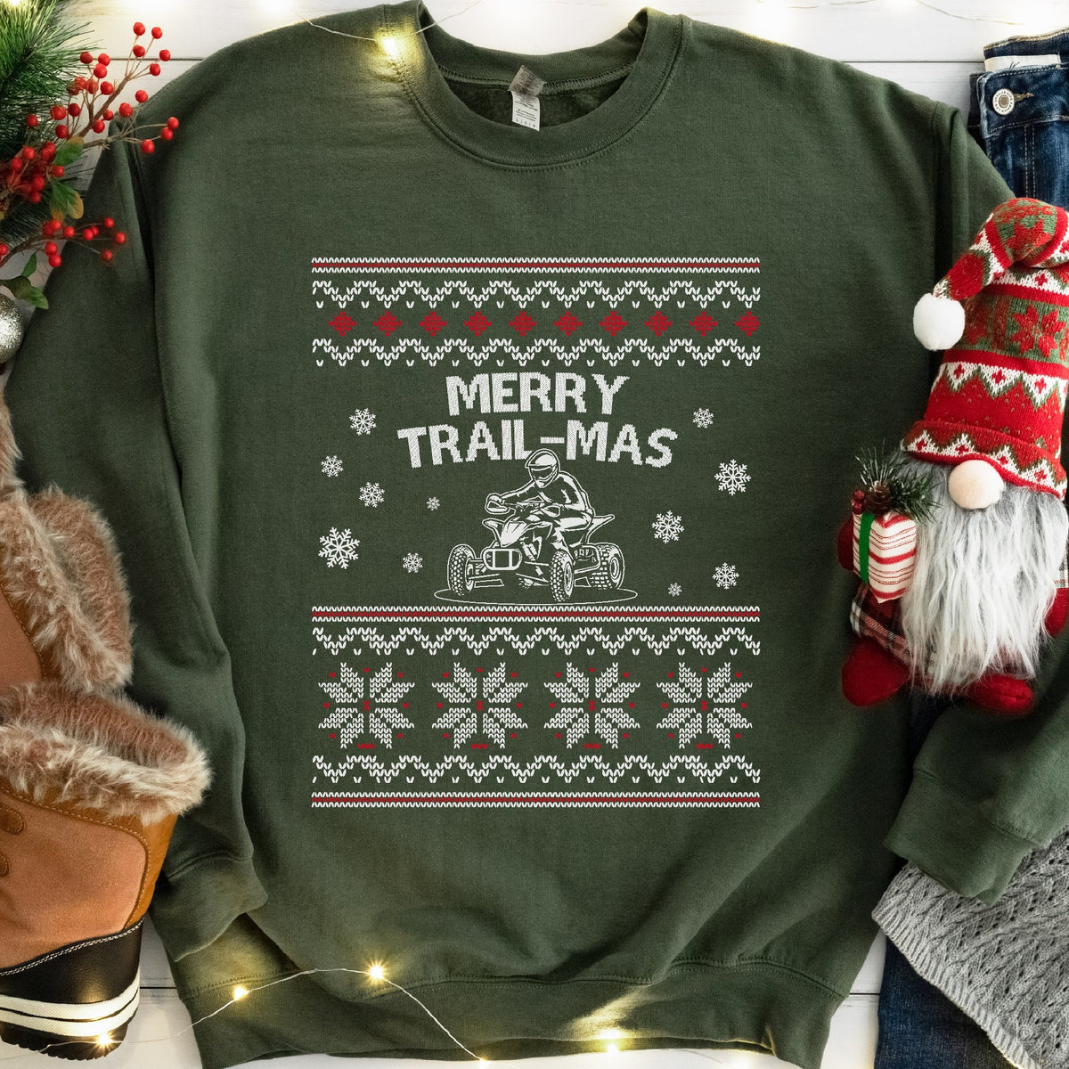 Merry Trail-mas ATV Christmas Sweatshirt - Military Green