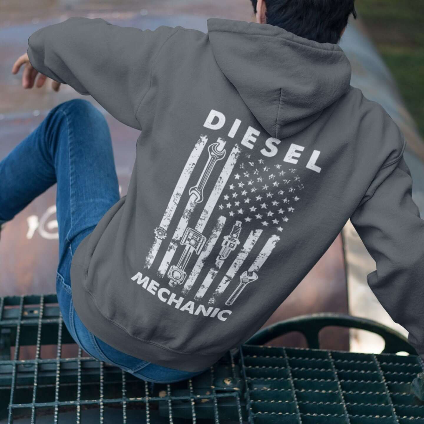 Diesel Mechanic Flag hoodie - back print, lifestyle photo