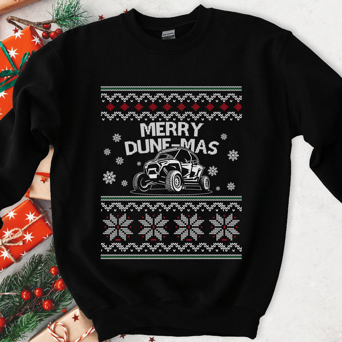 Dark Christmas sweatshirt with a four-seat side-by-side UTV under MERRY DUNE-MAS, snowflake knit sweater bands
