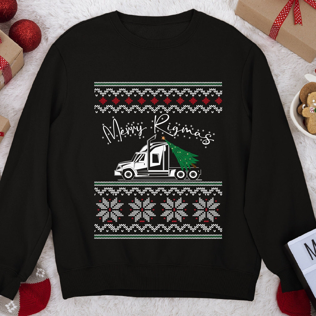 Dark Christmas sweatshirt with a semi tractor hauling a Christmas tree under script Merry Rigmas, knit bands