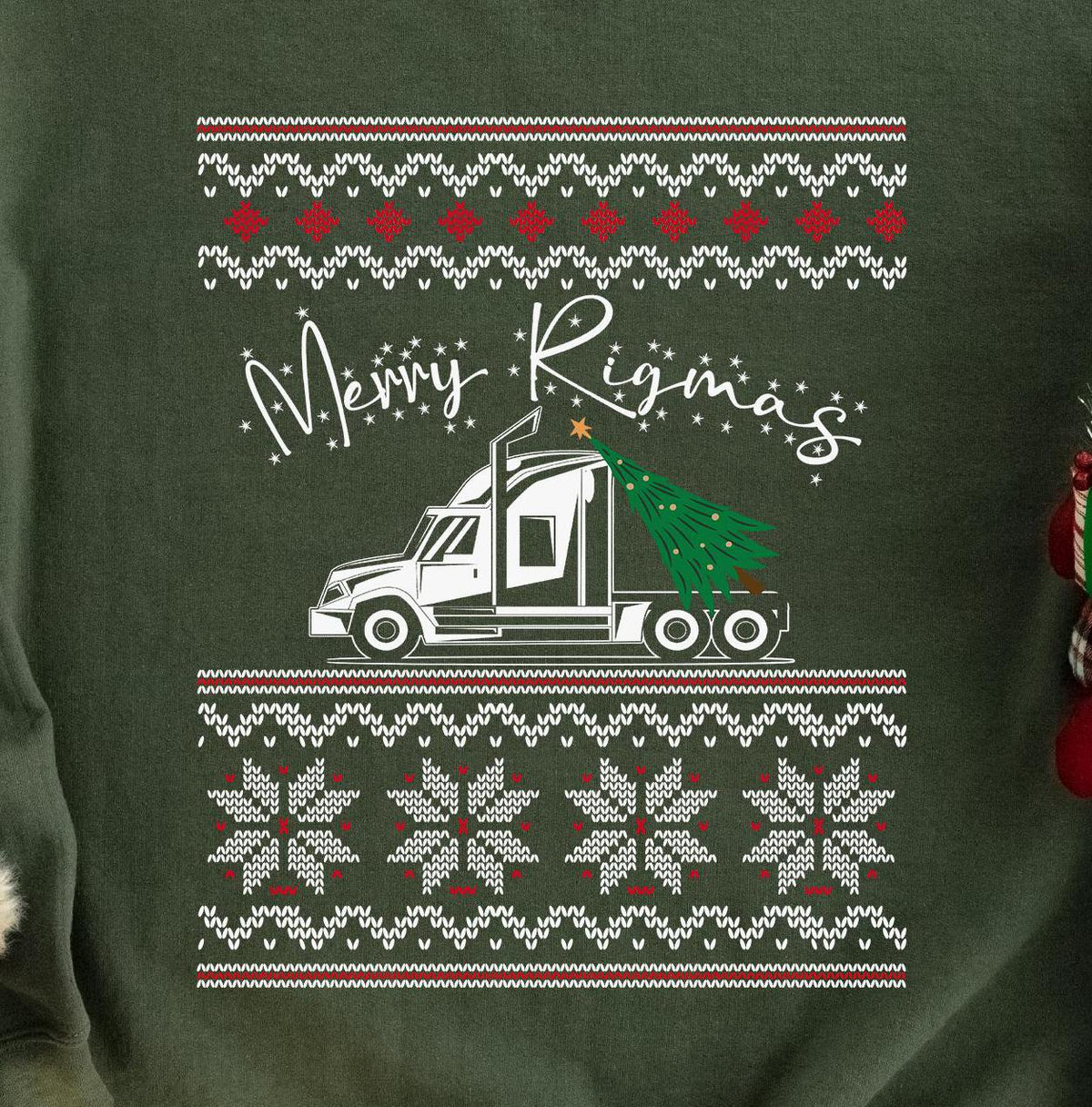 Merry Rigmas Big Rig Christmas Sweatshirt design close-up