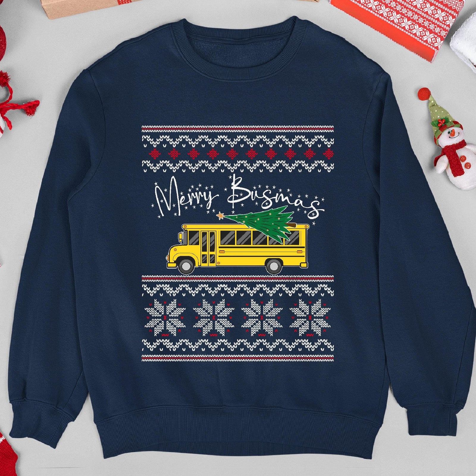 Merry Busmas School Bus Christmas Sweatshirt - Navy