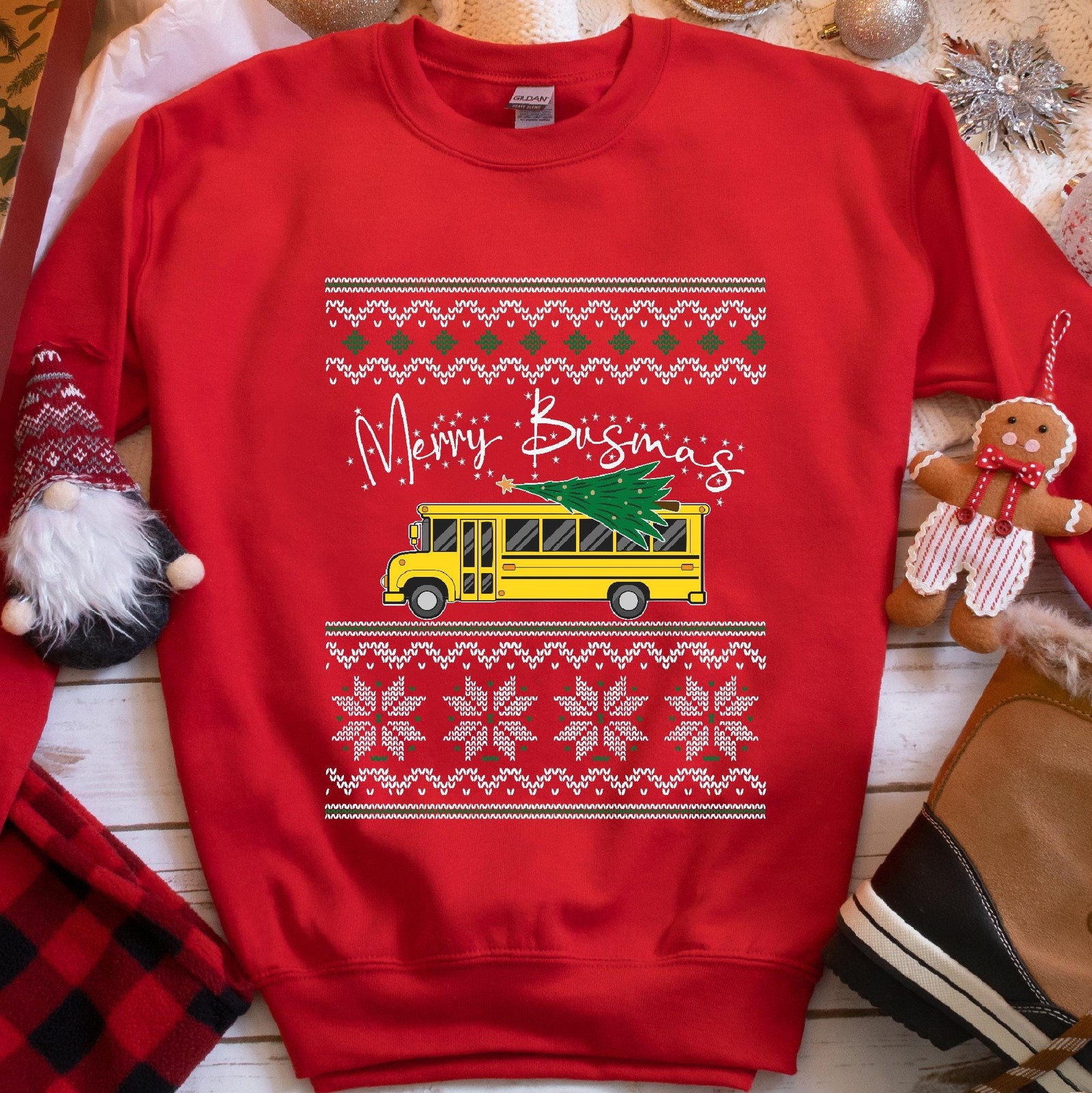 Merry Busmas School Bus Christmas Sweatshirt - Red