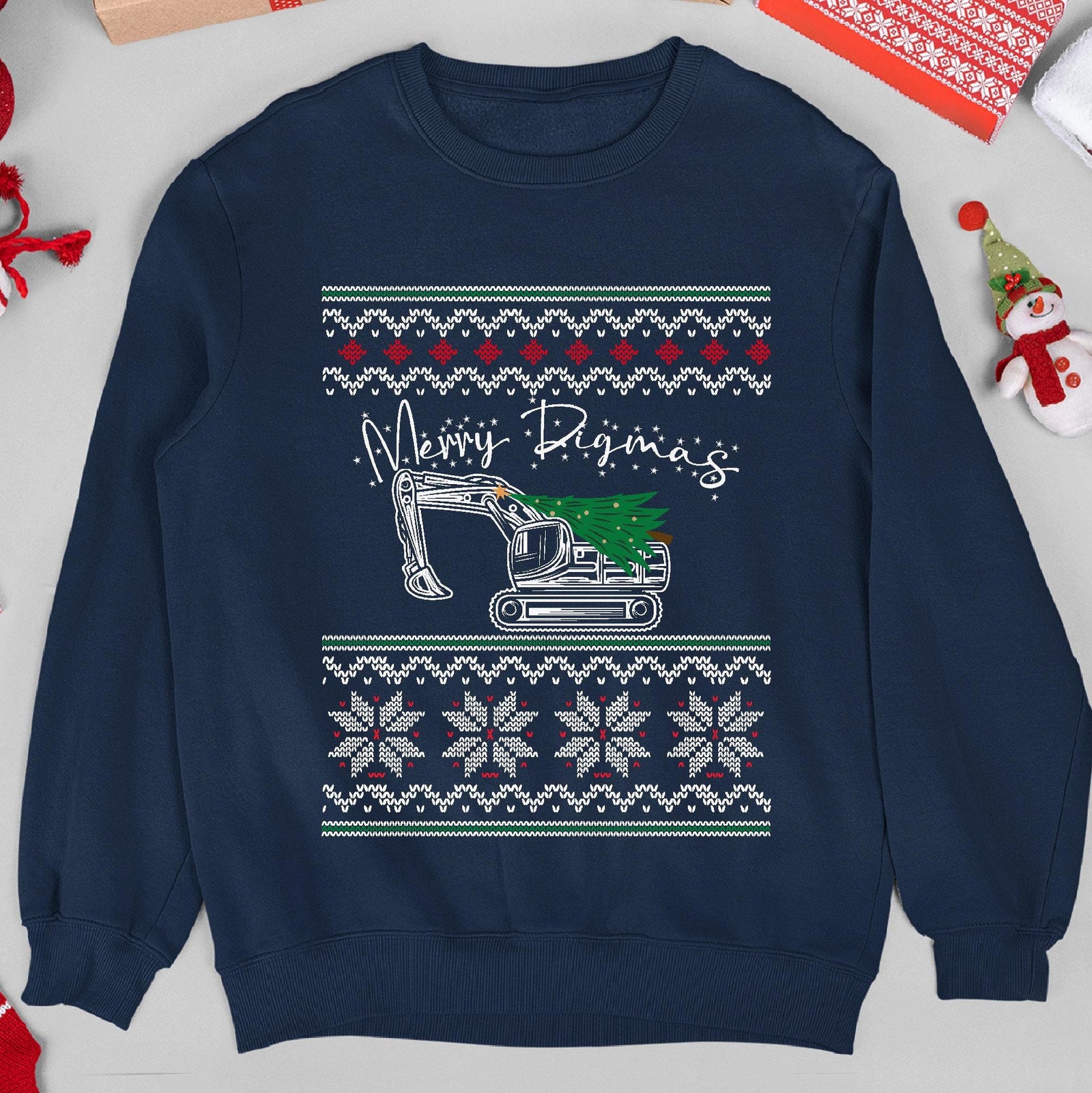 Merry Digmas Excavator Christmas Sweatshirt - Navy