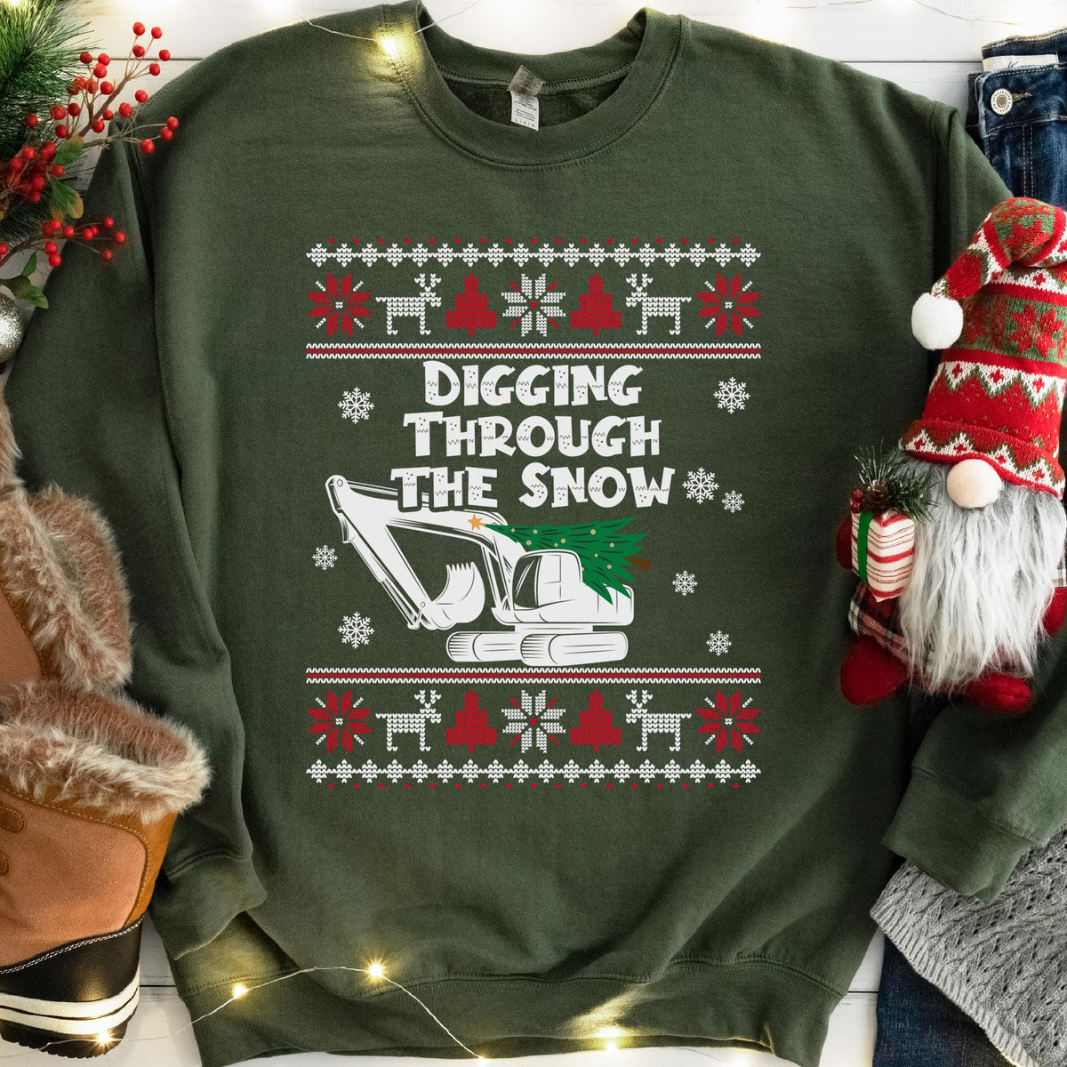 Digging Through the Snow Excavator Christmas Sweatshirt - Military Green