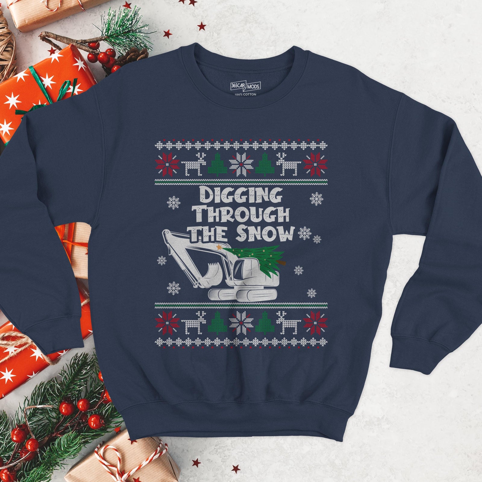 Digging Through the Snow Excavator Christmas Sweatshirt - Navy