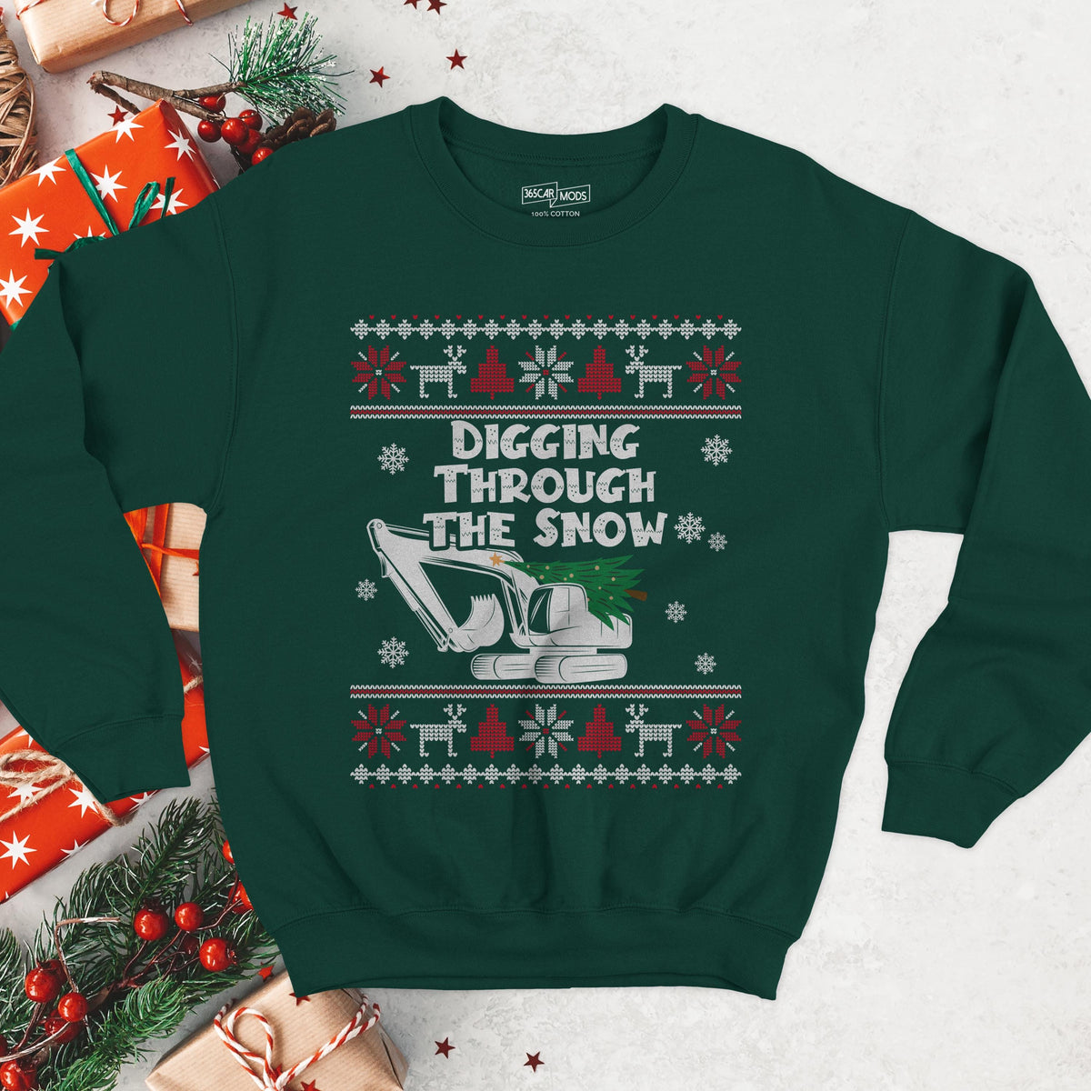 Digging Through the Snow Excavator Christmas Sweatshirt - Forest Green