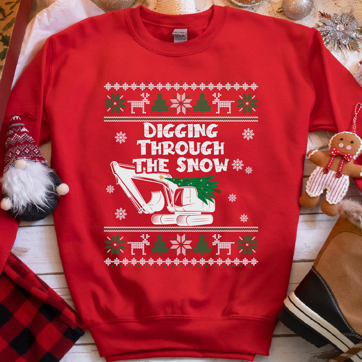 Digging Through the Snow Excavator Christmas Sweatshirt - Red