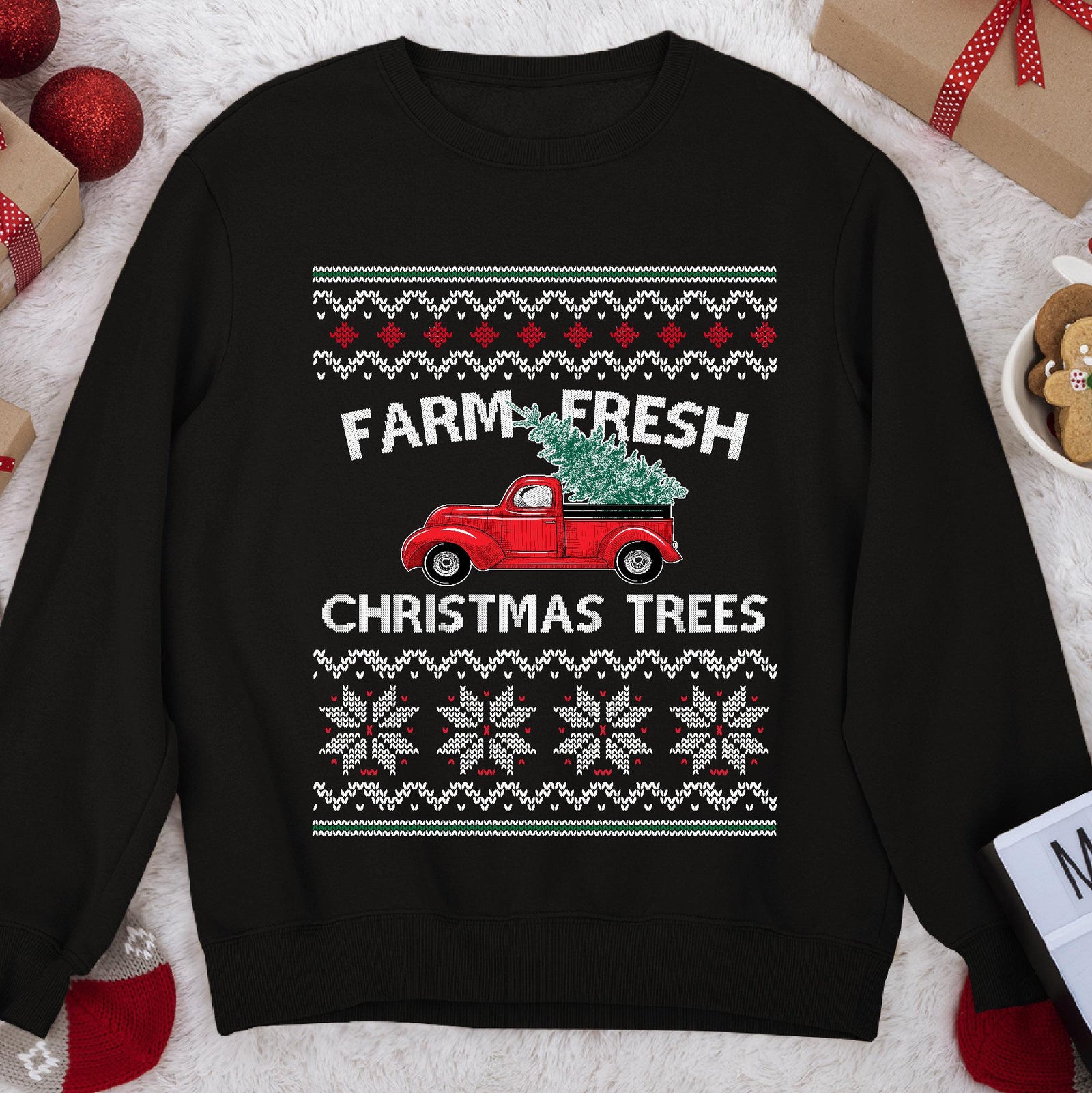 Dark Christmas sweatshirt with a vintage red pickup hauling a fir tree, FARM FRESH CHRISTMAS TREES, knit borders