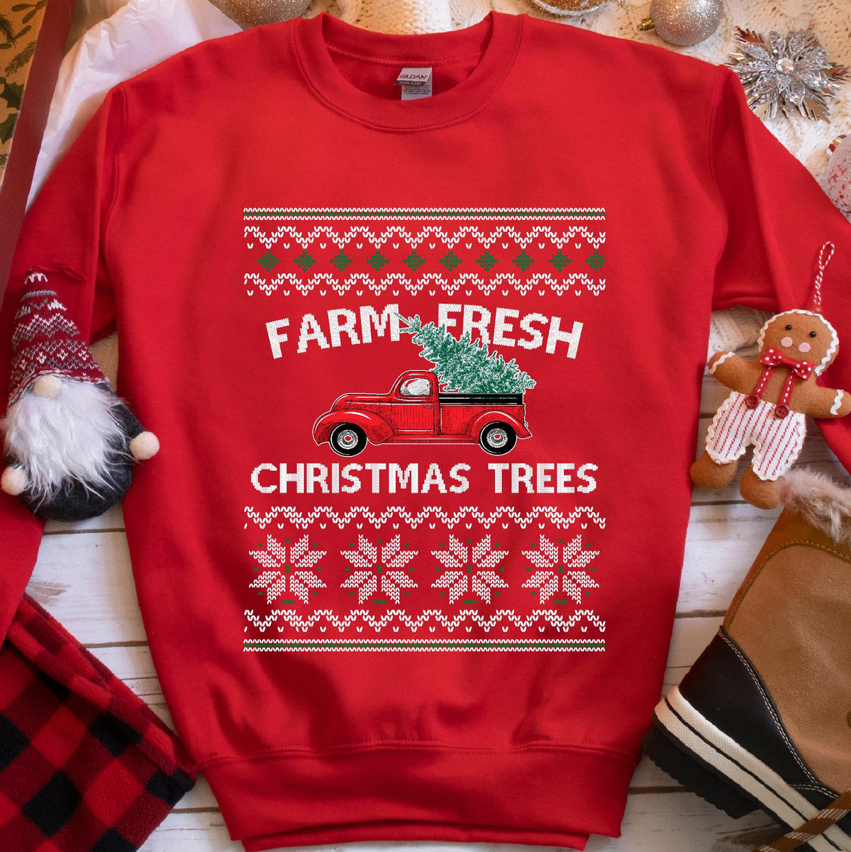 Farm Fresh Christmas Trees Vintage Red Truck Sweatshirt - Red