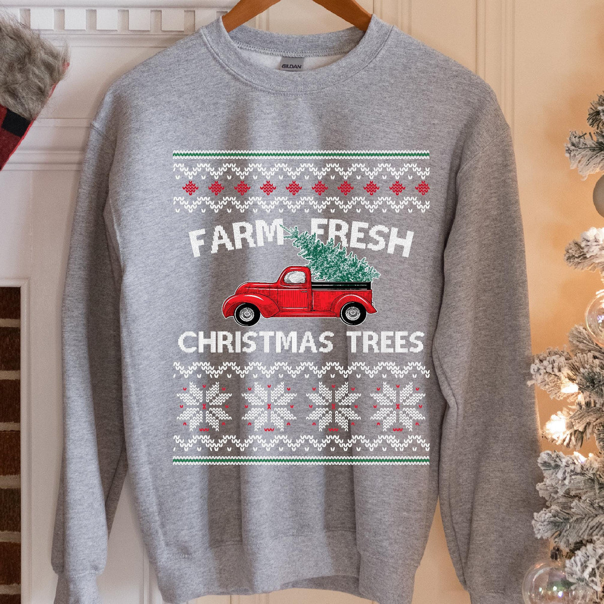 Farm Fresh Christmas Trees Vintage Red Truck Sweatshirt - Sport Grey