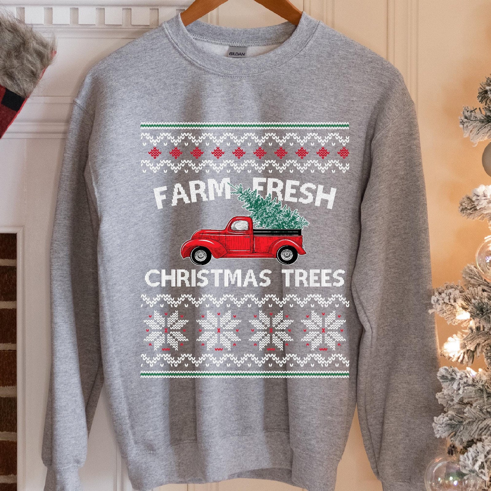 Farm Fresh Christmas Trees Vintage Red Truck Sweatshirt - Sport Grey