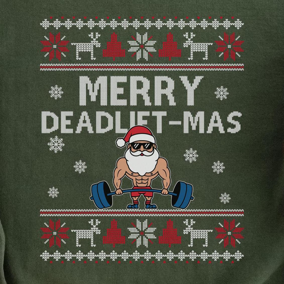 Merry Deadlift-Mas Santa Christmas Sweatshirt design close-up