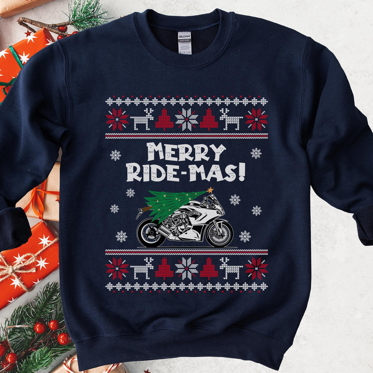 Merry Ride-mas Sportbike Christmas Sweatshirt - Navy