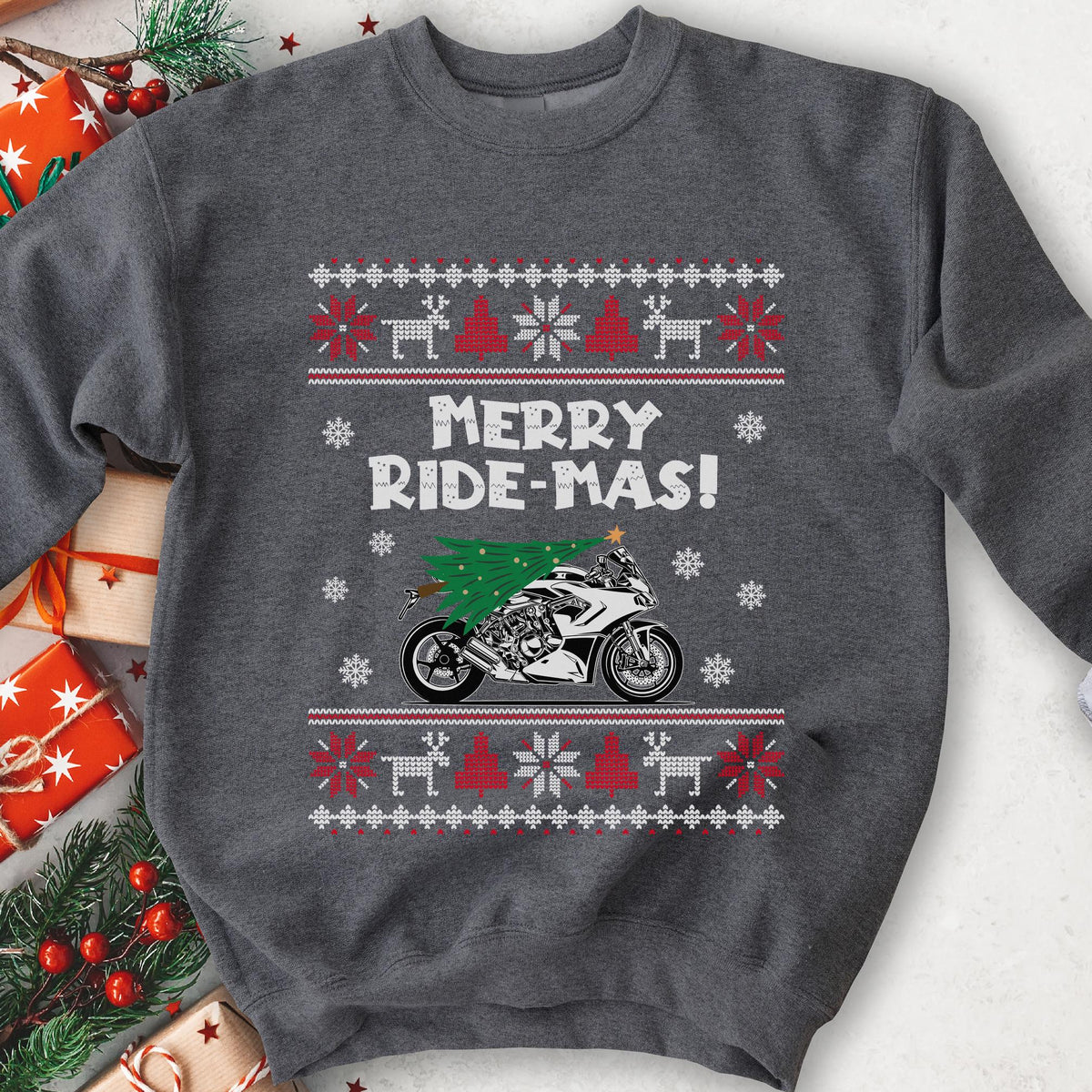 Merry Ride-mas Sportbike Christmas Sweatshirt - Charcoal